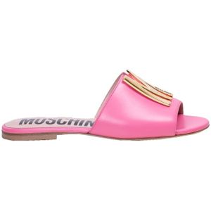 Moschino, Schoenen, Dames, Roze, 36 EU, Leer, Gouden M Logo Leren Slippers