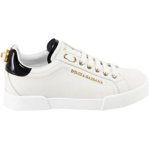 Dolce & Gabbana, Schoenen, Dames, Wit, 40 EU, Leer, Witte Leren Sneakers met Metalen Logo