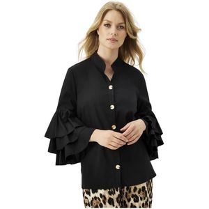 IN Front, Blouses & Shirts, Dames, Zwart, S, Nylon, Elegante Zwarte Blouse met Gouden Knopen