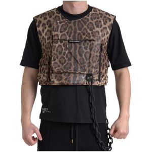 Dolce & Gabbana, Jassen, Heren, Bruin, S, Leopard Zijden Mouwloze Sportswear Vest