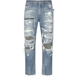 Dolce & Gabbana, Jeans, Heren, Blauw, M, Katoen, Ripped-Detail Straight-Leg Jeans