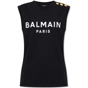Balmain, Tops, Dames, Zwart, M, Katoen, Mouwloos T-shirt met logo