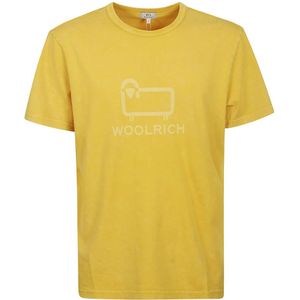 Woolrich, Macro Logo Tee, Heren Mosterd Katoenen T-Shirt Geel, Heren, Maat:S