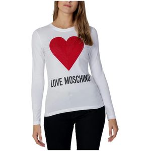 Love Moschino, Tops, Dames, Wit, S, Katoen, Witte Print Longsleeve T-shirt voor Dames
