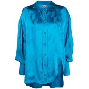 The Attico, Blouses & Shirts, Dames, Blauw, M, Satijn, Blauwe Logo Jacquard Asymmetrische Shirt