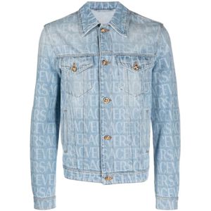 Versace, Logo-Print Denim Jack Blauw, Heren, Maat:L