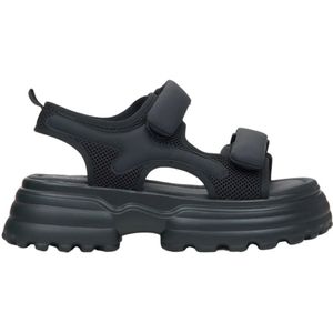 Estro, Schoenen, Dames, Zwart, 37 EU, Sportieve Zwarte Sandalen met Dikke Zool