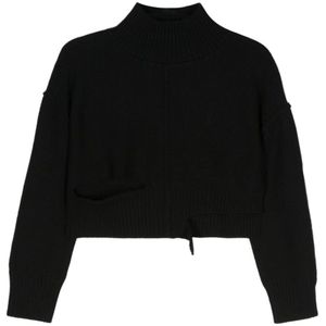 MM6 Maison Margiela, Truien, Dames, Zwart, M, Wol, Zwarte Distressed Sweater met Cut-Out Detail