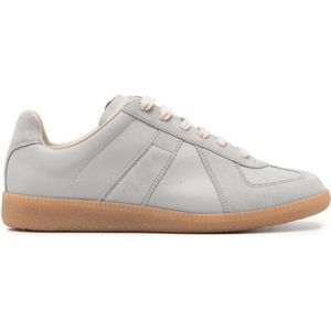 Maison Margiela, Schoenen, Dames, Grijs, 36 1/2 EU, Leer, Blauw-Grijze Leren Sneakers met Handtekening Motief