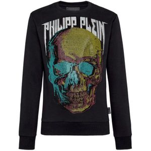 Philipp Plein, Sweatshirts & Hoodies, Heren, Zwart, M, Katoen, LS Skull Zwart Sweatshirt met Handtekeningontwerp