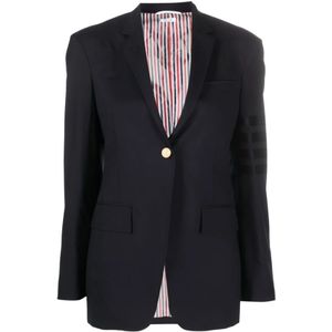 Thom Browne, Jassen, Dames, Blauw, 2Xs, Wol, Klassieke Blauwe Wollen Blazer met Gestreepte Details