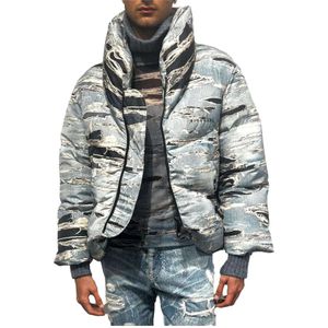 John Richmond, Jassen, Heren, Blauw, L, Denim, Korte iconische denim patroon runway puffer jas