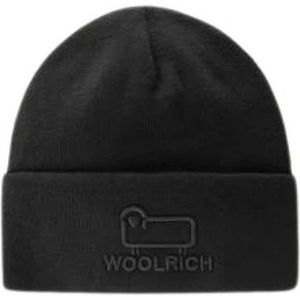 Woolrich, Zwarte Katoen Wol Beanie met Logo Zwart, Heren, Maat:ONE Size