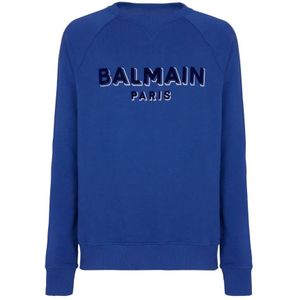 Balmain, Sweatshirts & Hoodies, Heren, Blauw, XS, Katoen, Imperial Blauwe Sweater met Flock Logo