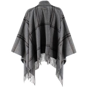 Peserico, Jassen, Dames, Grijs, ONE Size, Wol, Winter Poncho met Franjes