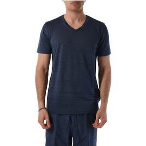 120% Lino, Tops, Heren, Blauw, M, Linnen, V-hals Casual T-shirt voor Mannen