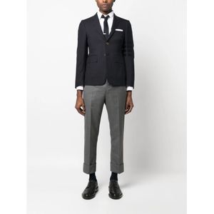 Thom Browne, Jassen, Heren, Blauw, M, Wol, Blauwe Wollen Jas met Webstrepen