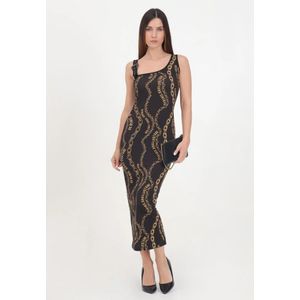 Versace Jeans Couture, Kleedjes, Dames, Veelkleurig, S, Katoen, Zwarte Katoenen Midi Jurk met Gouden Kettingprint