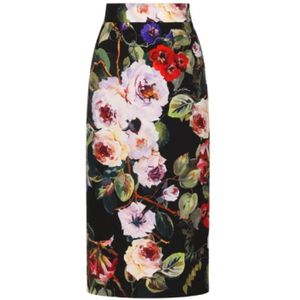 Dolce & Gabbana, Rokken, Dames, Veelkleurig, XS, Satijn, Zwart zijden bloemenprint midi-potloodrok