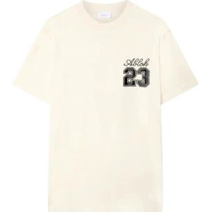 Off White, Tops, Heren, Beige, S, Katoen, Slim Fit T-shirt met Korte Mouwen in Ecru met 23 Borduursel