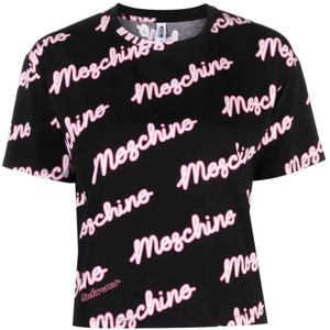 Moschino, Tops, Dames, Zwart, M, Katoen, Zwart Logo Allover T-shirt