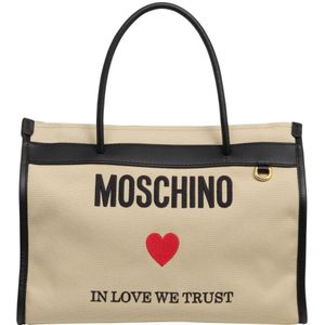 Moschino, Tassen, Dames, Beige, ONE Size, Leer, In Love We Trust Tote bag