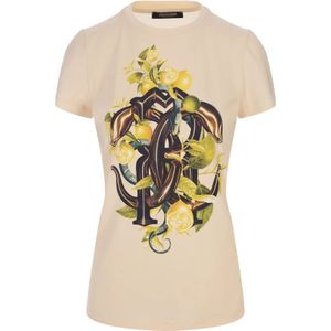 Roberto Cavalli, T-shirt met citroen- en slangprint Wit, Dames, Maat:S