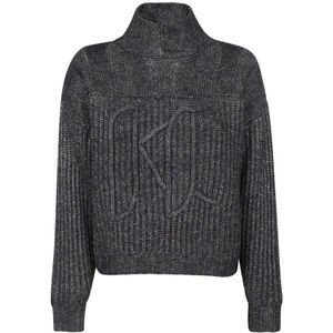 Karl Lagerfeld, Truien, Dames, Grijs, XS, Wol, Geribbelde Turtleneck Sweater met Logo Borduursel