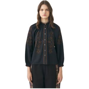 Antik Batik, Handgeborduurde linnen blouse Cindy Zwart, Dames, Maat:M