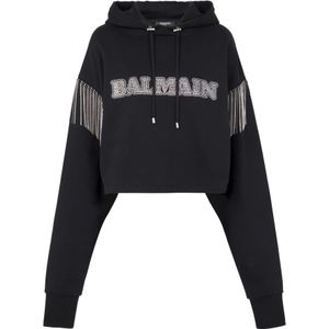 Balmain, Sweatshirts & Hoodies, Dames, Grijs, L, Katoen, Bijgesneden sweatshirt met franjes en strass-steentjes