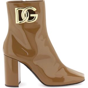 Dolce & Gabbana, Schoenen, Dames, Bruin, 38 EU, Gouden DG Logo Enkellaarzen