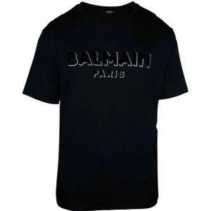 Balmain, Tops, Heren, Zwart, L, Katoen, Zwarte Textuur Logo Ronde Kraag T-shirt