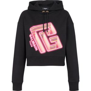 Balmain, Sweatshirts & Hoodies, Dames, Zwart, XL, Katoen, Cropped hoodie met neon bedrukt labyrintlogo