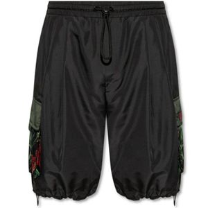 Dolce & Gabbana, Korte broeken, Heren, Zwart, L, Polyester, Cargo Shorts met Bloemenprint en Rood Logo