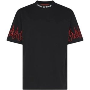 Vision OF Super, Tops, Heren, Zwart, XS, Zwart T-shirt met rode vlammen