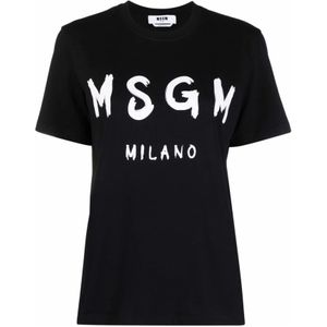 Msgm, Tops, Dames, Zwart, M, Katoen, Zwart Logo Print T-shirt