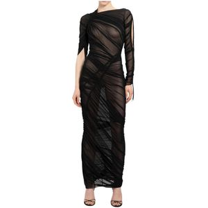 Atlein, Zwarte Mesh Gerimpelde Asymmetrische Mouw Jurk Zwart, Dames, Maat:XS