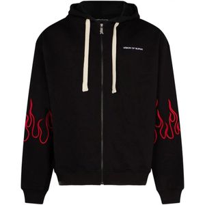 Vision OF Super, Geborduurde Vlammen Rits Hoodie Zwart, Heren, Maat:M