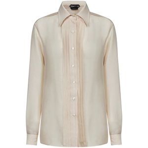 Tom Ford, Blouses & Shirts, Dames, Beige, S, Zijden Batist Plooi Plastron Shirt