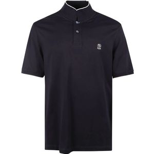 Brunello Cucinelli, Navy Blauw Polo Shirt met Geborduurd Logo Zwart, Heren, Maat:M