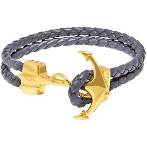 Nialaya, Men's Grey Leather Bracelet with Gold Anchor Grijs, Heren, Maat:XL