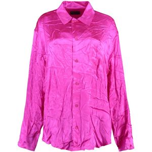 Balenciaga, Blouses & Shirts, Dames, Roze, 2Xs, Zijden shirt met gekreukt effect en jacquardlogo