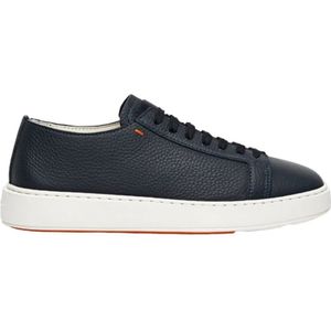 Santoni, Schoenen, Heren, Blauw, 40 1/2 EU, Leer, Leren Sneakers met Ronde Neus en Rubberen Zool