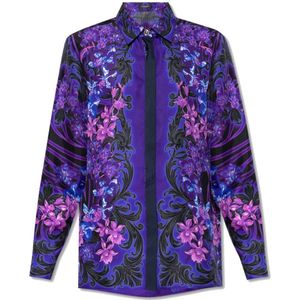 Versace, Zijden bedrukte blouse met Orchidea Barocco-print Paars, Dames, Maat:M