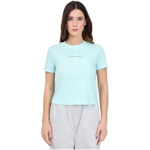 Calvin Klein Jeans, Tops, Dames, Blauw, M, Aqua groen dames T-shirt met logo print