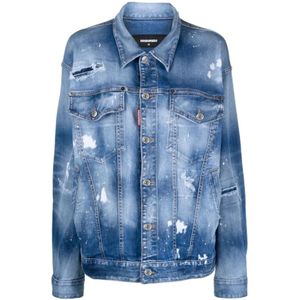 Dsquared2, Jassen, Dames, Blauw, XS, Denim, Lichtblauwe Versleten Denim Jas