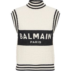 Balmain, Truien, Dames, Wit, XS, Katoen, Gebreide bouclette Coltrui met monogram