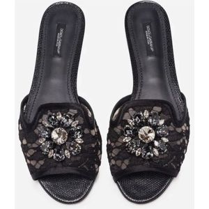 Dolce & Gabbana, Schoenen, Dames, Zwart, 37 1/2 EU, Polyester, Kant Pantoffels met Kristallen