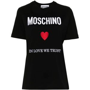 Moschino, Tops, Dames, Zwart, XS, Katoen, Zwarte Crewneck T-shirts met Logo Borduurwerk