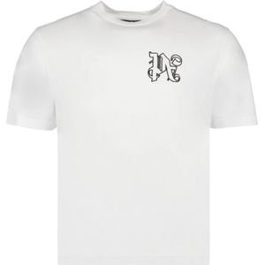 Palm Angels, Tops, Heren, Wit, L, Katoen, Monogram Logo Geborduurd T-shirt
